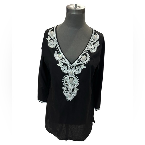 Barbara Gerwit Beaded Black and White tunic top - Picture 1 of 12